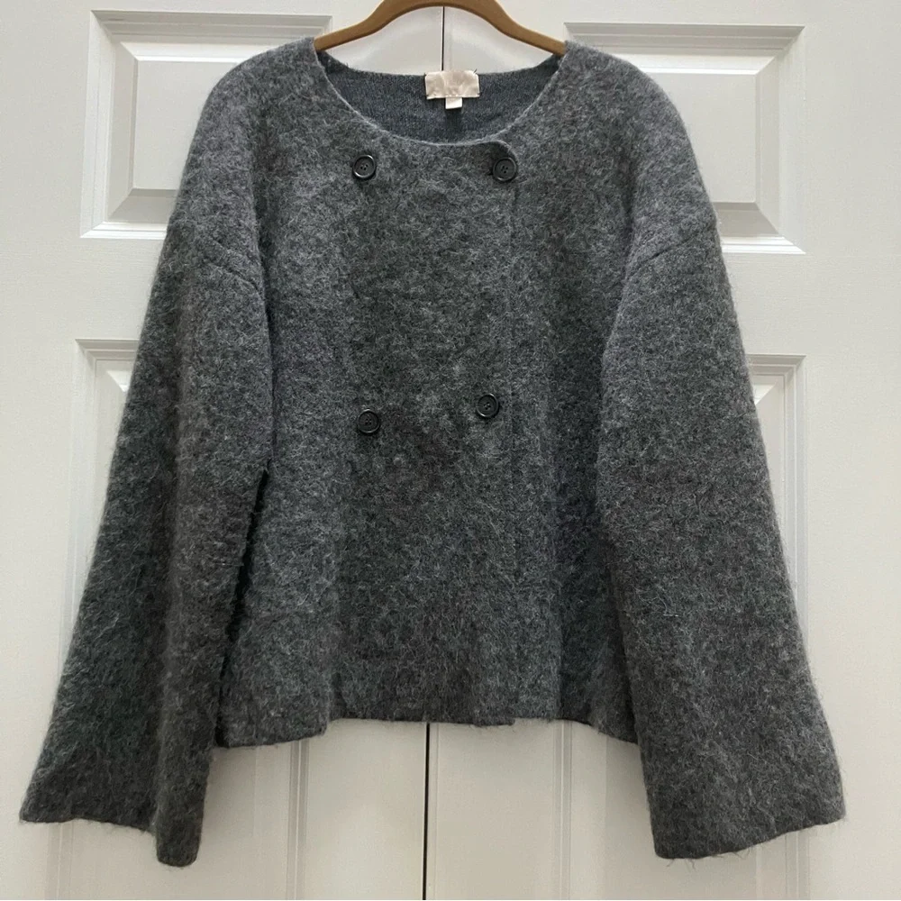 J Crew Collection Alpaca Wool Double Breasted Collarless Sweater Coat Cardigan